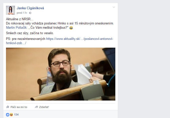 Status poslankyne Jany Cigánikovej na FB